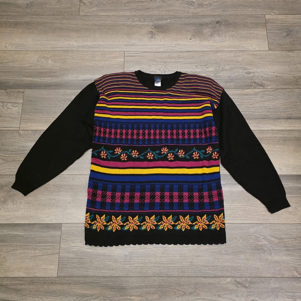 VTG 80s Sweater Panther Mixed Pattern Pullover Sweater - Floral & Stripe - Retro